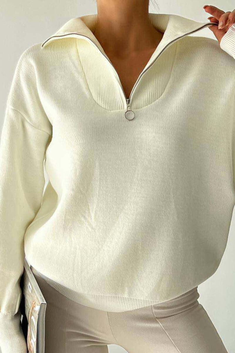 ZIPPER ONE COLOR SIMPLE WOMAN SWEATER WHITE-E BARDHE - 1