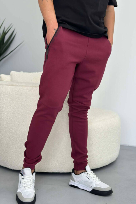 ZIPPER POCKET COTTON MEN SWEATPANTS BURGUNDY/VISHNJE - 2