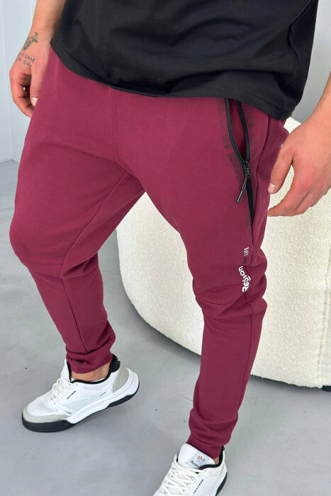 ZIPPER POCKET COTTON MEN SWEATPANTS BURGUNDY/VISHNJE - 4