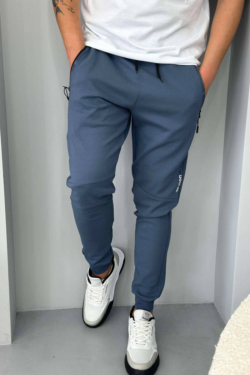 ZIPPER POCKET COTTON MEN SWEATPANTS IN BLUE COLOR - 3