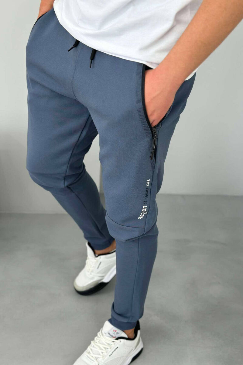 ZIPPER POCKET COTTON MEN SWEATPANTS IN BLUE COLOR - 4