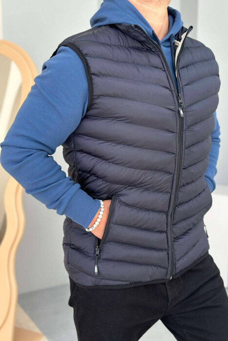 ZIPPER POCKET SIMPLE MEN VEST DARK BLUE/BEE - 3