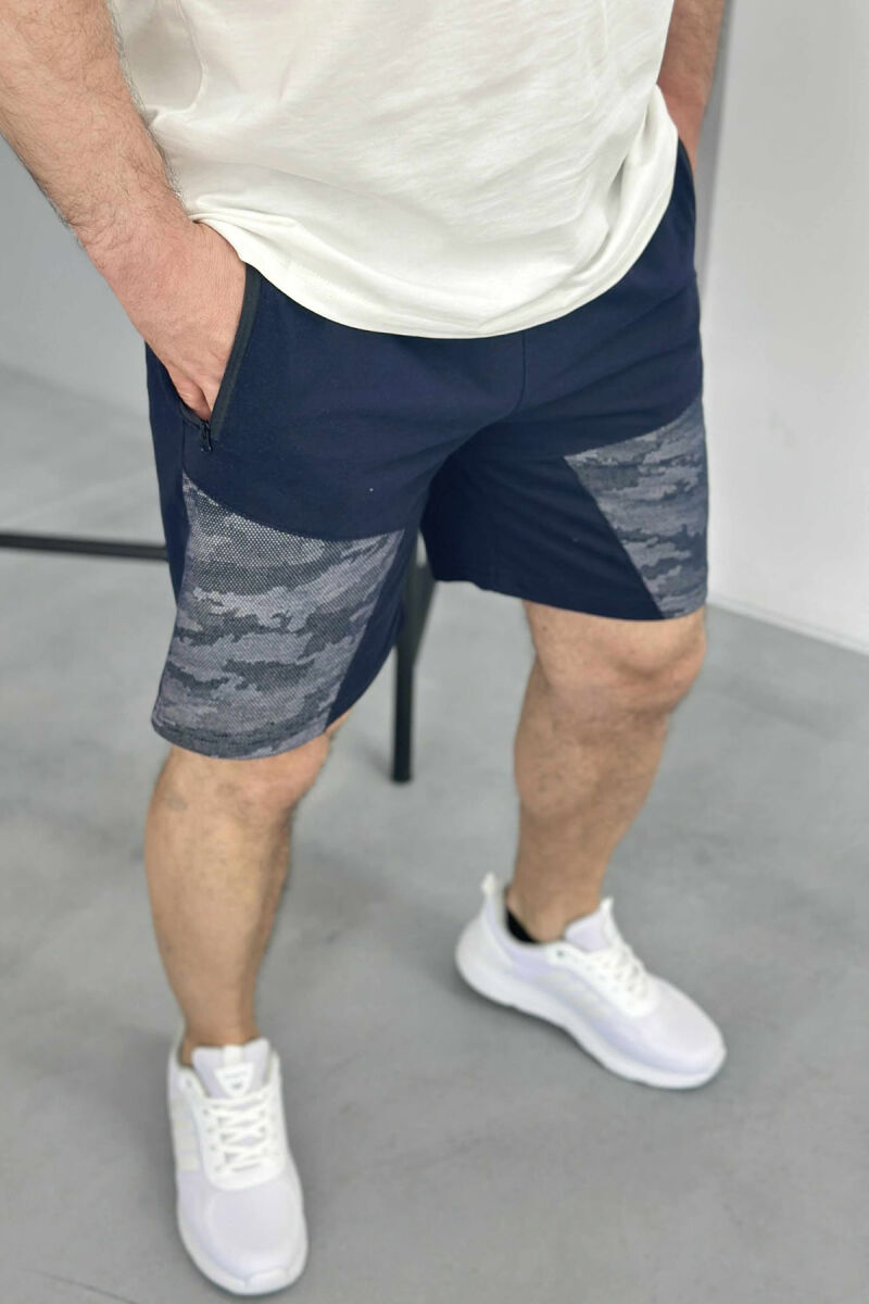 ZIPPER POCKETS SIMPLE MEN SHORT SWEATPANTS DARK BLUE/BEE - 3