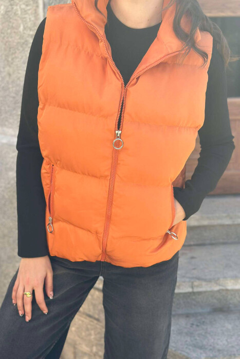 ZIPPER POCKETS WOMEN VEST IN ORANGE COLOR - 1