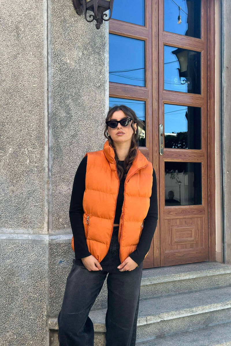 ZIPPER POCKETS WOMEN VEST IN ORANGE COLOR - 2