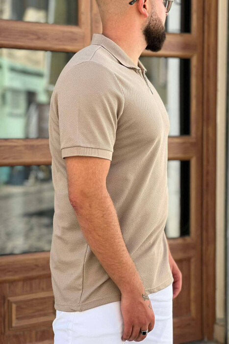 ZIPPER POLO NECK MEN T-SHIRT BEIGE/BEZHE - 4