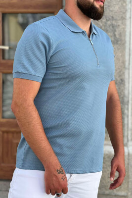 ZIPPER POLO NECK MEN T-SHIRT LIGHTBLUE/BZ 