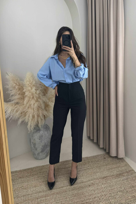 ZIPPER WAIST THIN STRIPES WOMEN TROUSERS BLACK/ E ZEZE - KLAUDIO FASHION