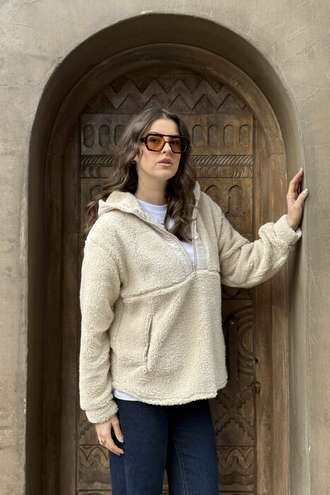 ZIPPERED POLAR WOMEN HOODIE LIGHT BEIGE/BZHZB - KLAUDIO FASHION