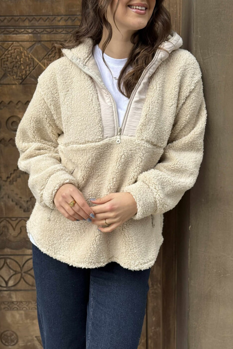 ZIPPERED POLAR WOMEN HOODIE LIGHT BEIGE/BZHZB - 2