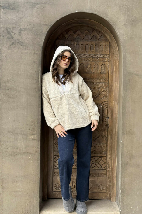 ZIPPERED POLAR WOMEN HOODIE LIGHT BEIGE/BZHZB - 5