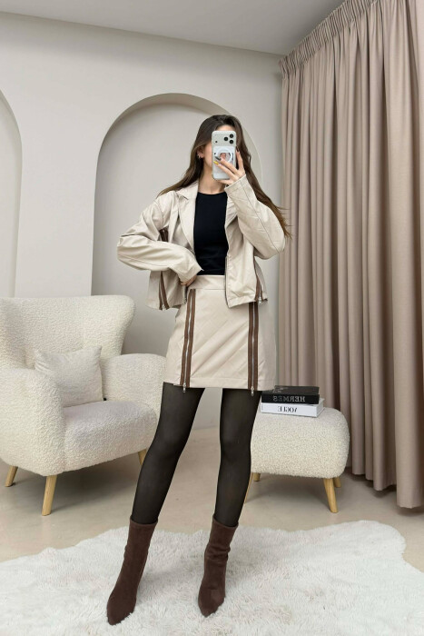 SET LEKURE XHAKETE ME DETAJE ZINXHIRASH + FUND PER FEMRA NE NGJYRE BEZHE - KLAUDIO FASHION