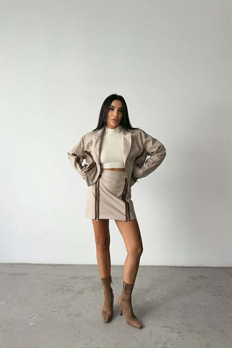 ZIPPERS DETAIL JACKET+SKIRT LEATHER WOMEN SET BEIGE/BEZHE - 1