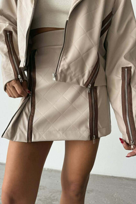 ZIPPERS DETAIL JACKET+SKIRT LEATHER WOMEN SET BEIGE/BEZHE - 2