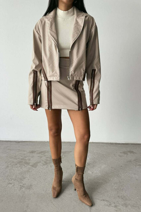 ZIPPERS DETAIL JACKET+SKIRT LEATHER WOMEN SET BEIGE/BEZHE - 3