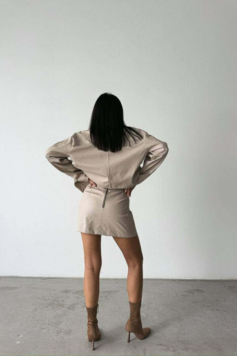 ZIPPERS DETAIL JACKET+SKIRT LEATHER WOMEN SET BEIGE/BEZHE - 4