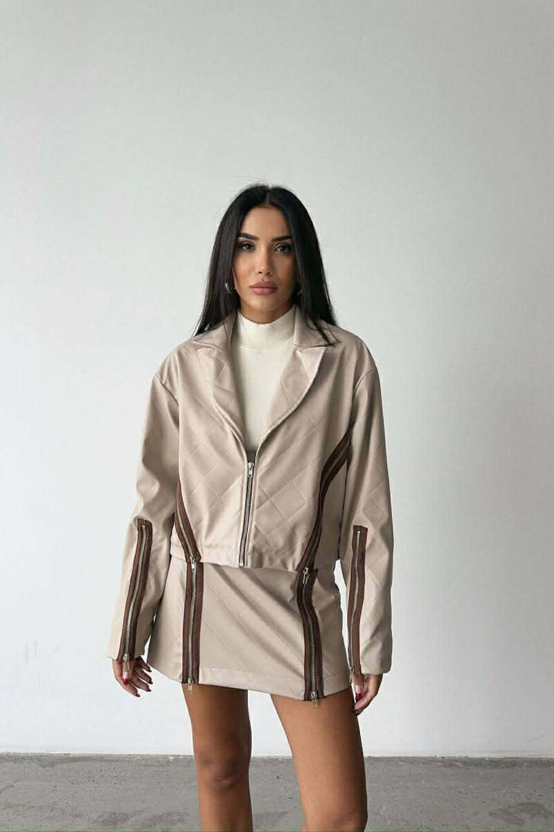 ZIPPERS DETAIL JACKET+SKIRT LEATHER WOMEN SET BEIGE/BEZHE - 5