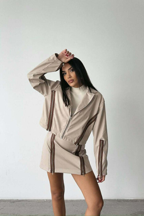 ZIPPERS DETAIL JACKET+SKIRT LEATHER WOMEN SET BEIGE/BEZHE - 6