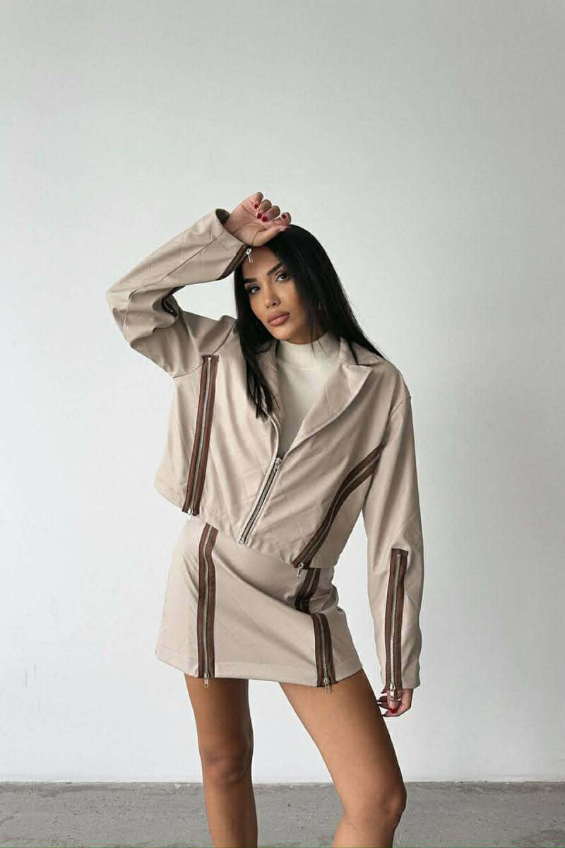 ZIPPERS DETAIL JACKET+SKIRT LEATHER WOMEN SET BEIGE/BEZHE - 6