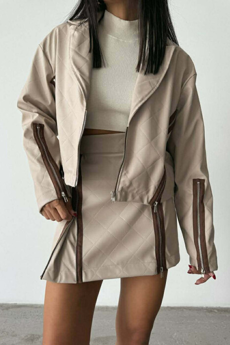 ZIPPERS DETAIL JACKET+SKIRT LEATHER WOMEN SET BEIGE/BEZHE - 7