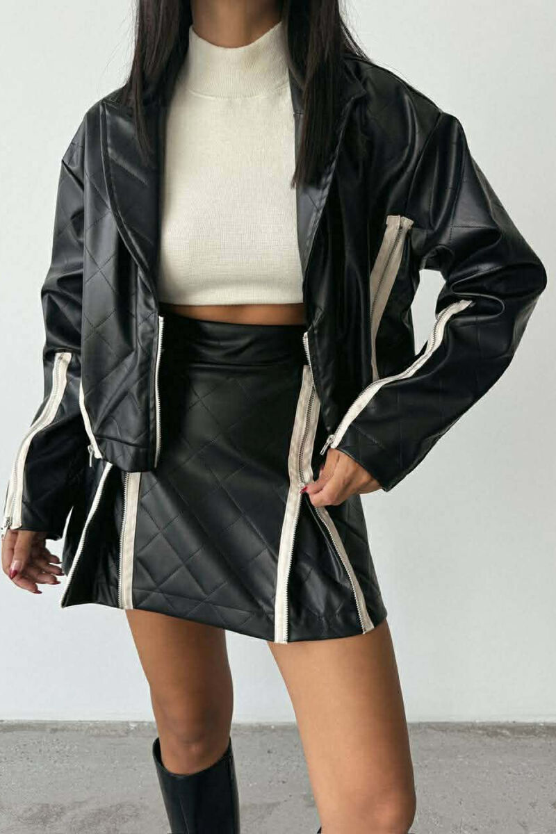 ZIPPERS DETAIL JACKET+SKIRT LEATHER WOMEN SET BLACK/ E ZEZE - 4