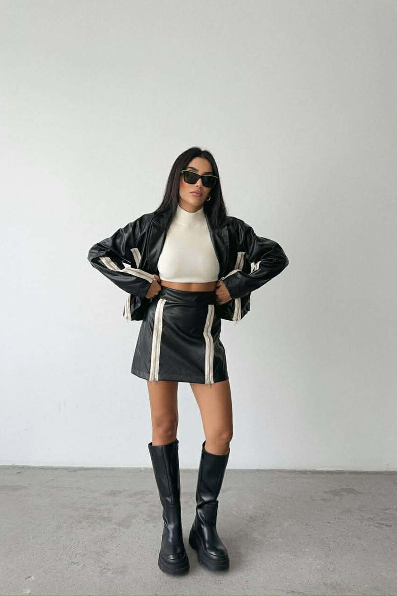 ZIPPERS DETAIL JACKET+SKIRT LEATHER WOMEN SET BLACK/ E ZEZE - 6