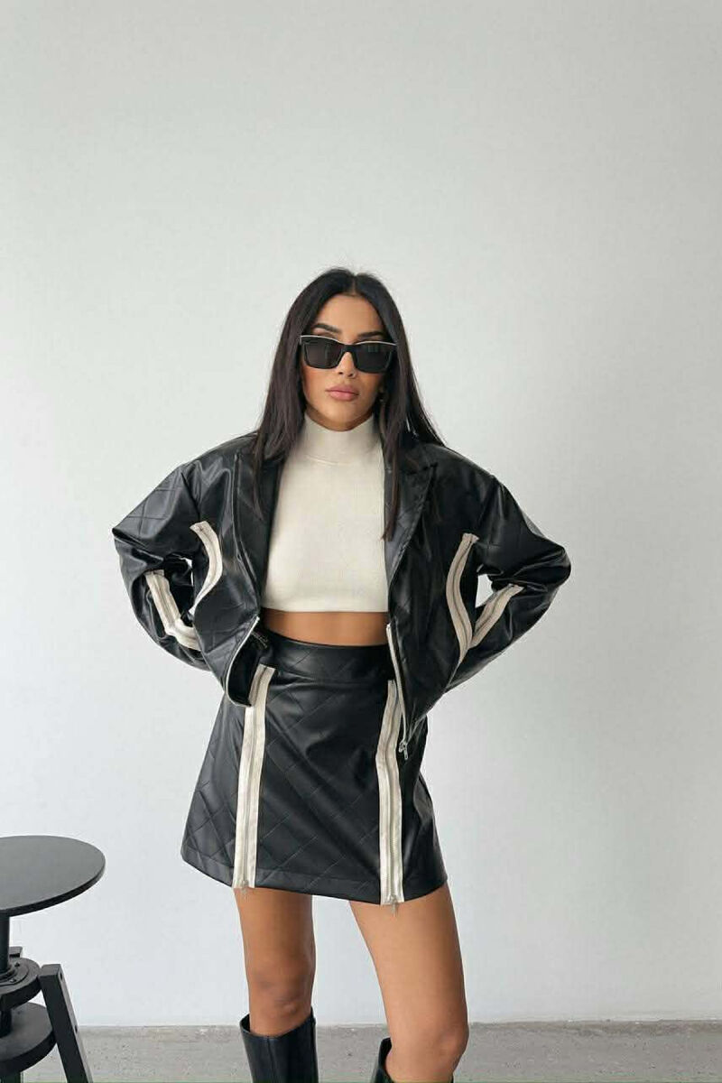 ZIPPERS DETAIL JACKET+SKIRT LEATHER WOMEN SET BLACK/ E ZEZE - 7