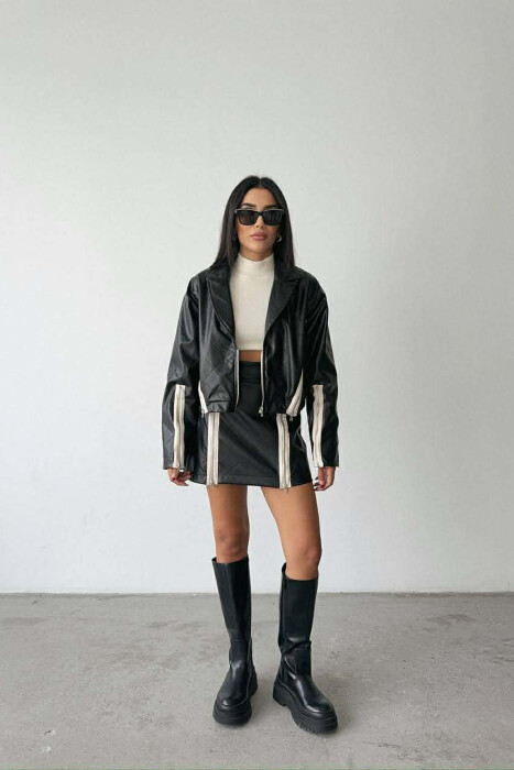 ZIPPERS DETAIL JACKET+SKIRT LEATHER WOMEN SET BLACK/ E ZEZE 