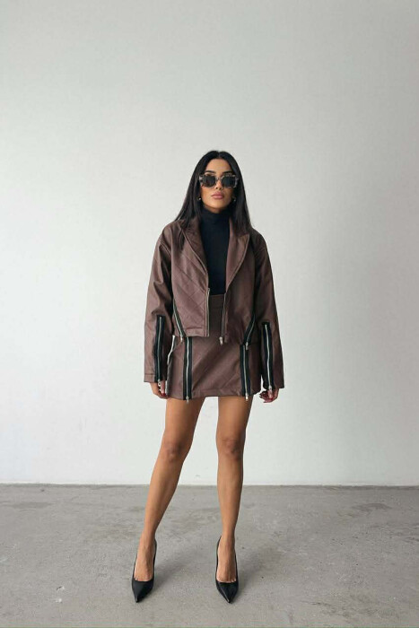 ZIPPERS DETAIL JACKET+SKIRT LEATHER WOMEN SET BROWN/KAFE - KLAUDIO FASHION