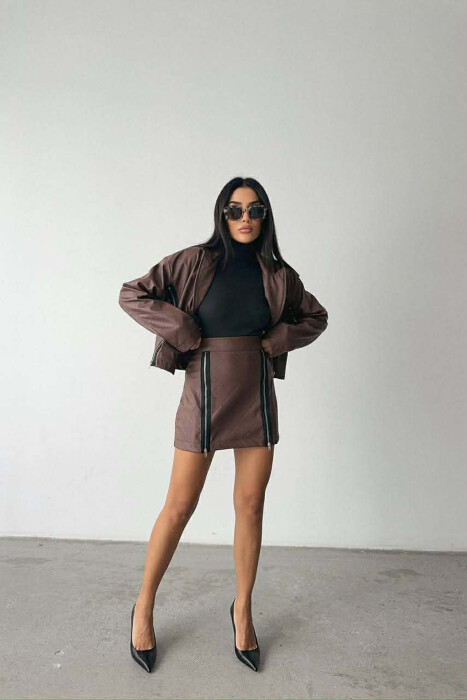 ZIPPERS DETAIL JACKET+SKIRT LEATHER WOMEN SET BROWN/KAFE - 2