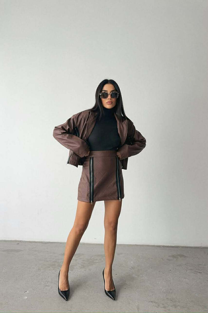 ZIPPERS DETAIL JACKET+SKIRT LEATHER WOMEN SET BROWN/KAFE - 2