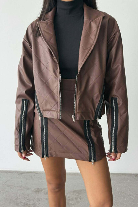ZIPPERS DETAIL JACKET+SKIRT LEATHER WOMEN SET BROWN/KAFE - 4