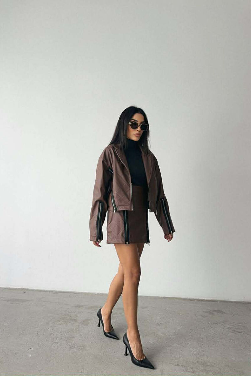 ZIPPERS DETAIL JACKET+SKIRT LEATHER WOMEN SET BROWN/KAFE - 6