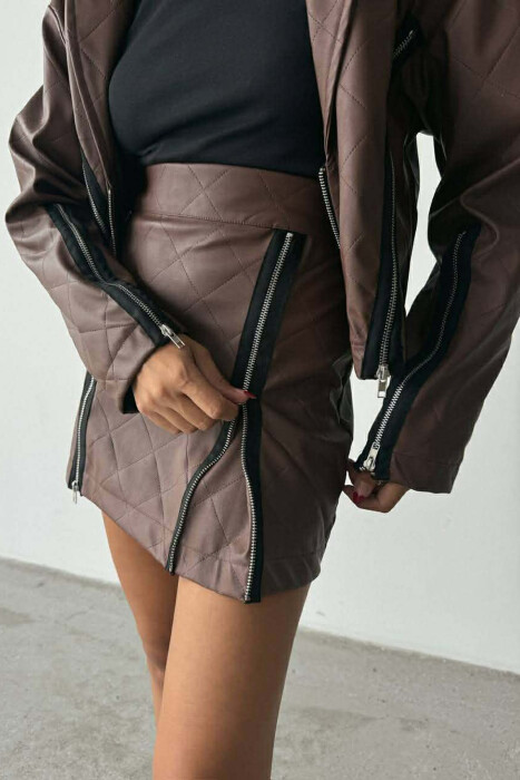 ZIPPERS DETAIL JACKET+SKIRT LEATHER WOMEN SET BROWN/KAFE - 7