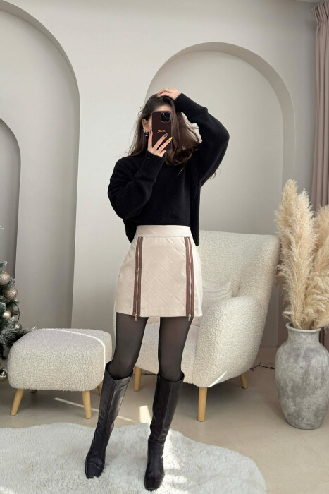 ZIPPERS DETAIL SHORT LEATHER WOMEN SKIRT BEIGE/BEZHE - KLAUDIO FASHION