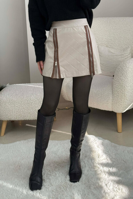 ZIPPERS DETAIL SHORT LEATHER WOMEN SKIRT BEIGE/BEZHE - KLAUDIO FASHION
