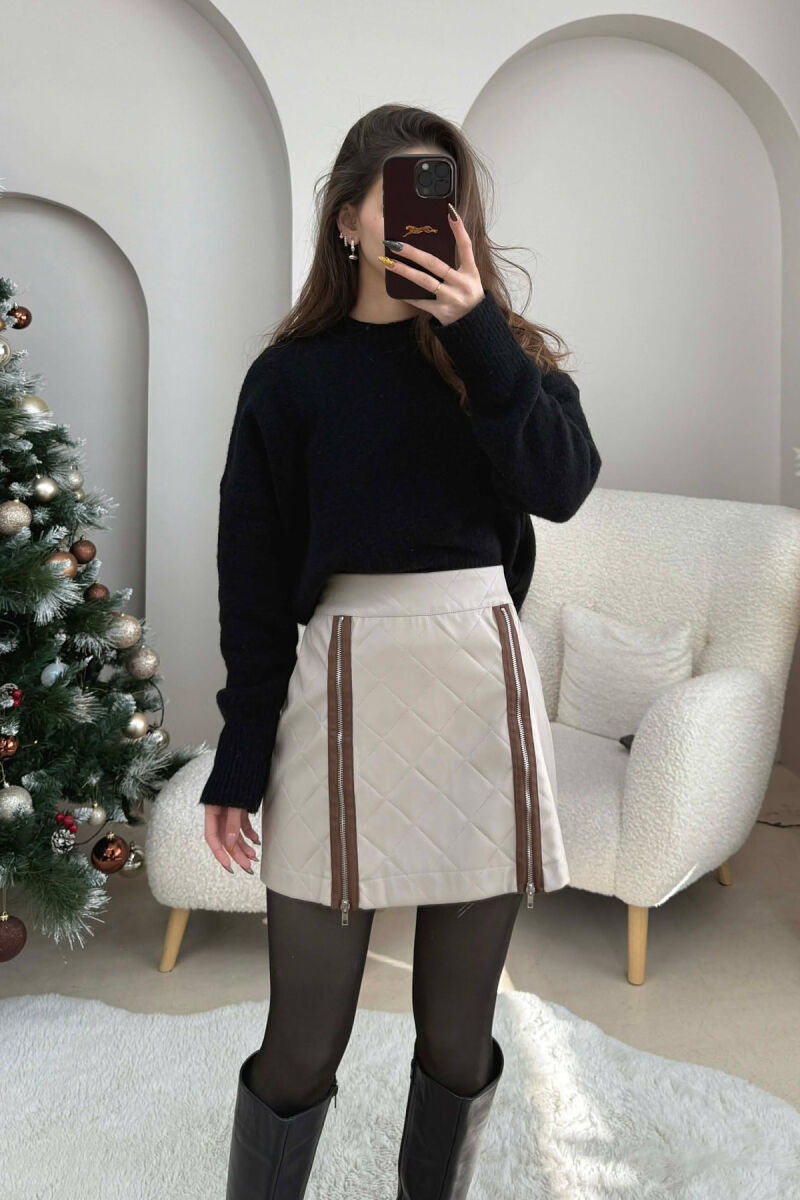 ZIPPERS DETAIL SHORT LEATHER WOMEN SKIRT BEIGE/BEZHE - 2