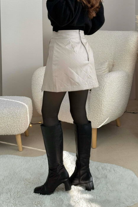 ZIPPERS DETAIL SHORT LEATHER WOMEN SKIRT BEIGE/BEZHE - 4