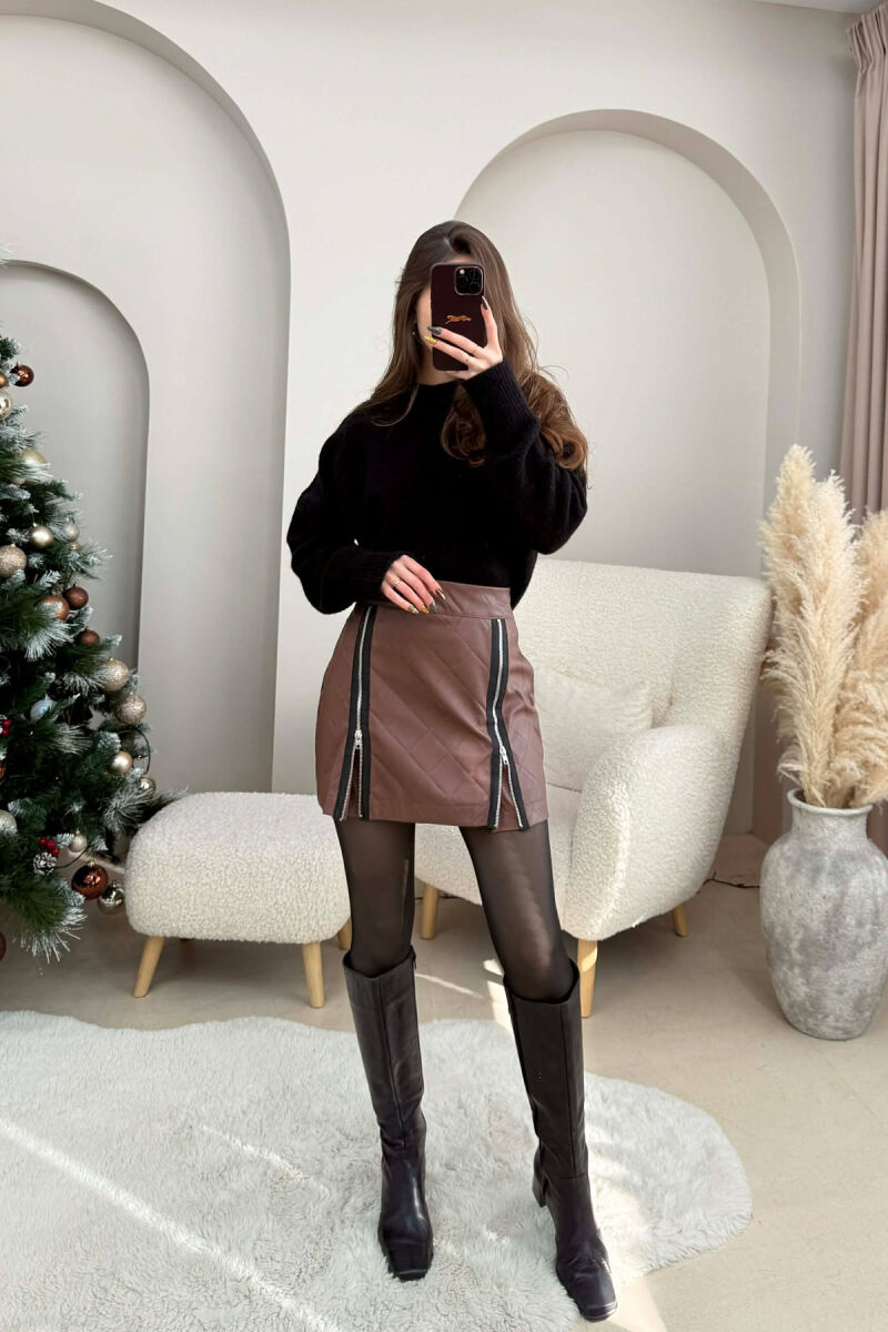 ZIPPERS DETAIL SHORT LEATHER WOMEN SKIRT BROWN/KAFE - 1