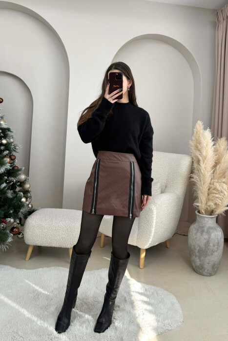 ZIPPERS DETAIL SHORT LEATHER WOMEN SKIRT BROWN/KAFE - 2