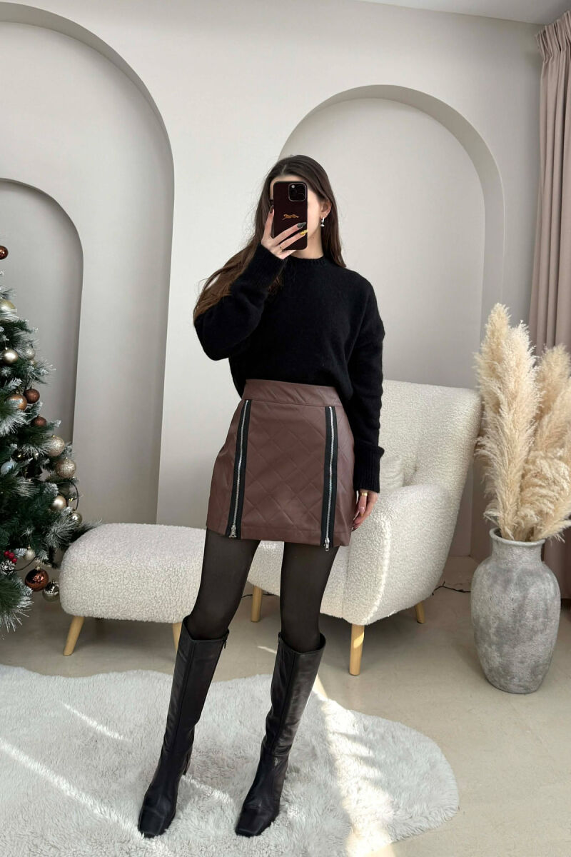 ZIPPERS DETAIL SHORT LEATHER WOMEN SKIRT BROWN/KAFE - 2